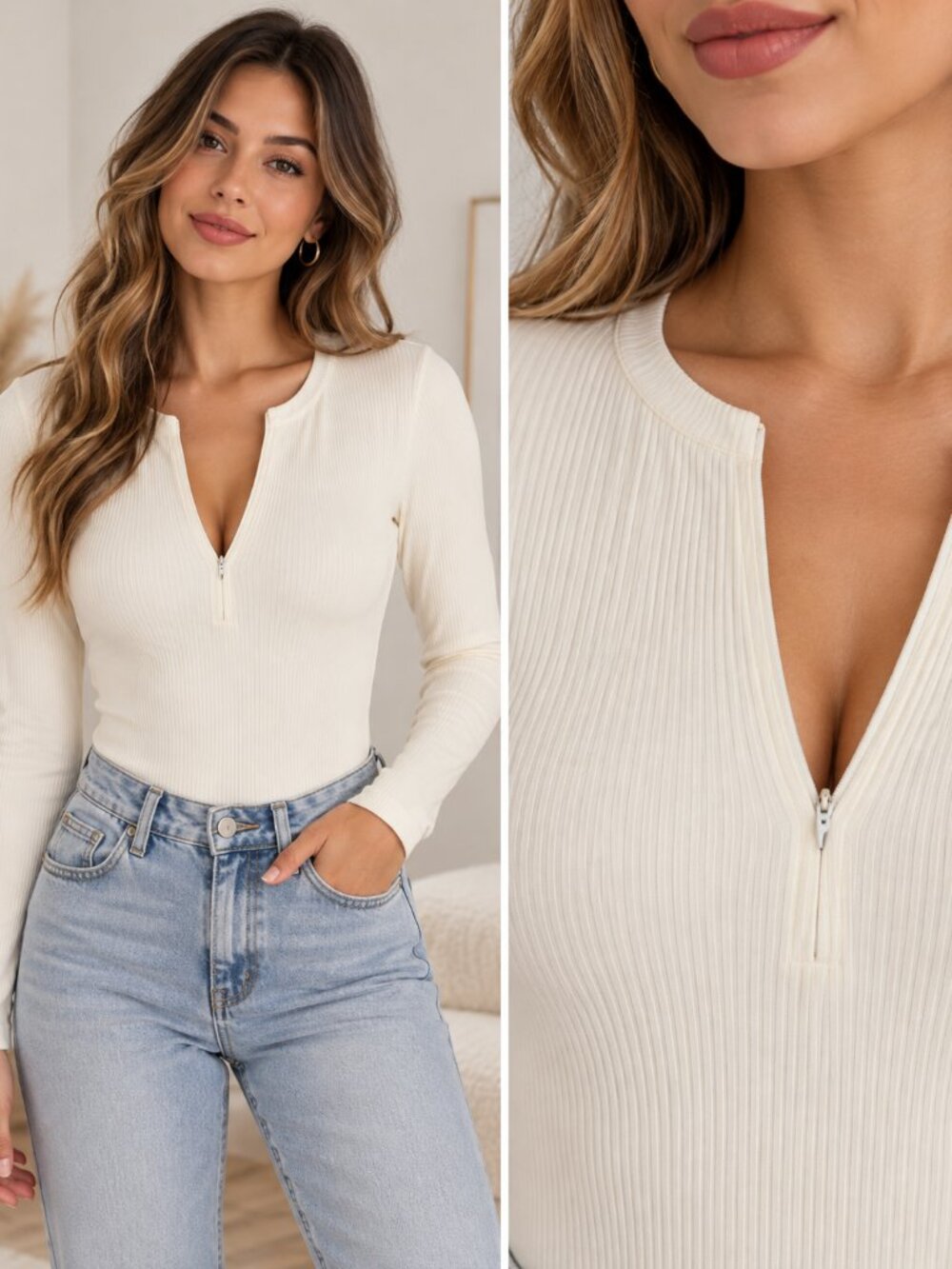 White Ribbed Long Sleeve Zip Front Bodysuit XL